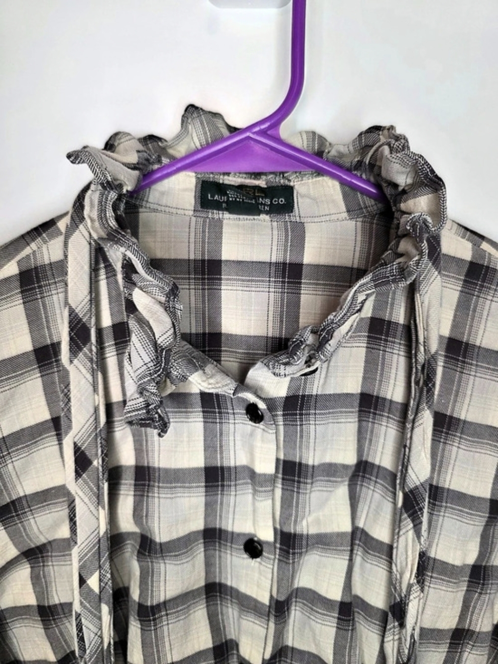 Lauren Ralph Lauren Cream and Gray Plaid Button-Down Tie-Neck Shirt-Large - Picture 2 of 11